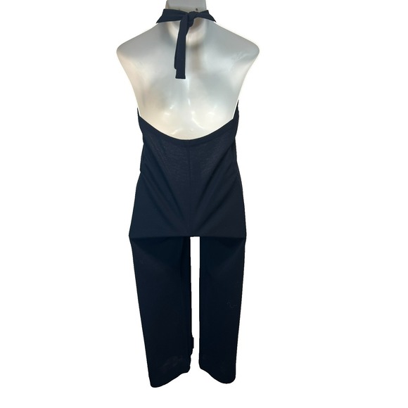 Donna Karen Vintage Jumpsuit Navy Blue Wool Jersey Halter Tie Plunging V-Neck, 4 - Picture 4 of 13